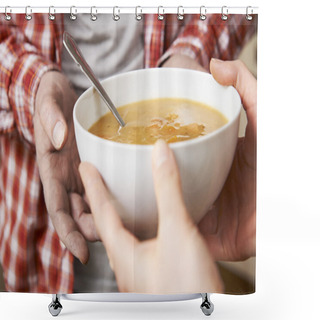 Personality  Homeless Man Being Handed Bowl Of Soup By Volunteer Shower Curtains