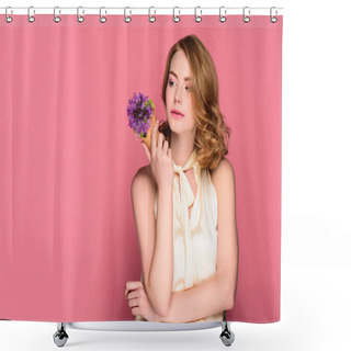 Personality  Pensive Girl Holding Waffle Cone With Violet Flower And Looking Away Isolated On Pink Shower Curtains