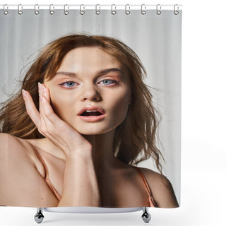 Personality  Beauty Portrait Of Surprised Woman With Trendy Makeup, Looking At Camera On Grey Studio Background Shower Curtains