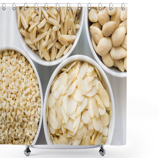 Personality  Bowls Of Whole, Flaked, Chopped And Slivered Almonds From Above. Shower Curtains