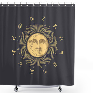 Personality  Zodiac Circle With Sun, Crescent, Vector Drawing. Shower Curtains