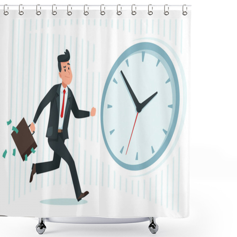 Personality  Businessman Against Time. Busy Business Worker Catching Up Watch Clock, Running Man And Late Cartoon Vector Illustration Shower Curtains