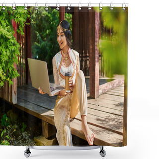 Personality  Happy Indian Woman In Ethnic Wear With Laptop And Takeaway Coffee In Wooden Alcove In Park Shower Curtains