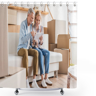 Personality  Smiling Elderly Couple Using Digital Tablet While Moving Home  Shower Curtains