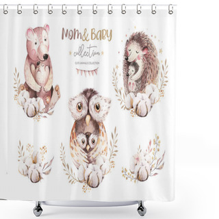 Personality  Watercolor Little Owl, Bear Deer And Hedgehog Baby And Mother Watercolour Cartoon Nursery Card. Forest Funny Young Animals Illustration. Mom And Baby Poster Shower Curtains