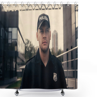 Personality  Serious Policeman In Cap And Uniform Patrolling Modern Street Shower Curtains