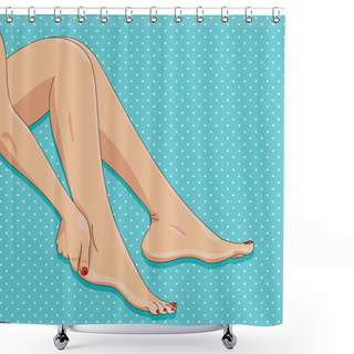 Personality  Vector Illustration Of Slender Female Legs, Sitting Barefoot, Side View, Playful Sexy Posture. Woman Hand Touching Ankle. Shower Curtains
