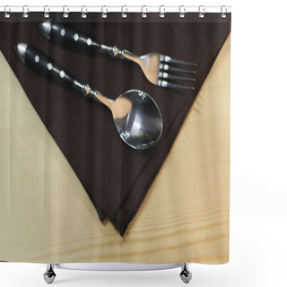 Personality  Close Up View Of Steel Fork And Spoon On Napkin On Wooden Tabletop Shower Curtains