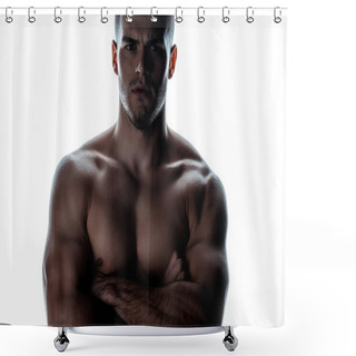Personality  Sexy Muscular Bodybuilder With Bare Torso Posing With Crossed Arms In Shadow Isolated On White Shower Curtains