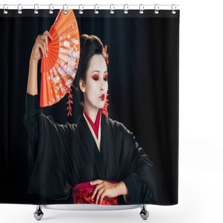Personality  Beautiful Geisha In Black Kimono With Red Flowers In Hair Holding Traditional Orange Hand Fan Isolated On Black Shower Curtains