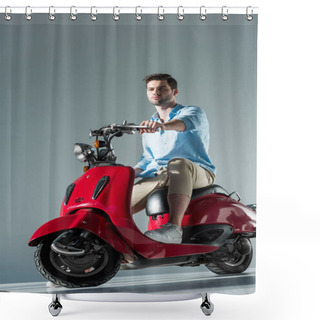 Personality  Thoughtful Young Man In Fashionable Clothing Sitting On Red Scooter Shower Curtains