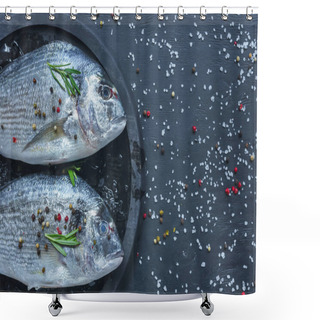 Personality  Elevated View Of Raw Fish With Rosemary In Tray On Black Table Covered By Salt And Pepper Shower Curtains