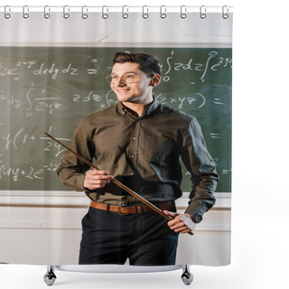 Personality  Smiling Male Teacher In Formal Wear Holding Wooden Pointer In Front Of Chalkboard With Equations  Shower Curtains