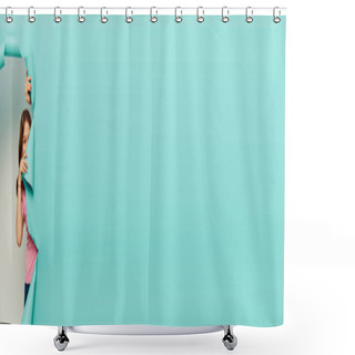 Personality  Preteen Girl In Casual Clothes Covering Face And Looking At Camera Through Hole In Blue Paper While Hiding On Grey Background, International Child Protection Day Concept, Banner  Shower Curtains