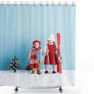 Personality  Girl Holding Ski Poles And Skis While Standing On Snow Near Brother In Winter Outfit On Blue Shower Curtains