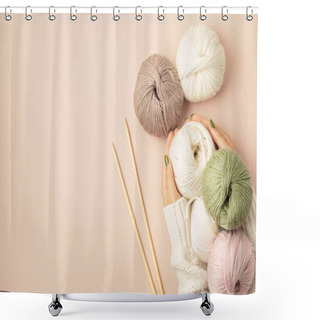 Personality  Craft Hobby Background With Yarn In Natural Colors. Recomforting Hobby To Reduce Stress For Cold Fall And Winter Weather. Mock Up, Copy Space, Top View Shower Curtains