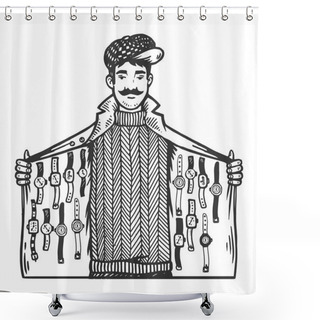 Personality  Man Secretly Sells Watches From Jacket Flap Engraving Vector Illustration. Scratch Board Style Imitation. Black And White Hand Drawn Image. Shower Curtains