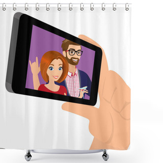 Personality  Displaying A Snapshot Of Happy Couple On The Mobile Phone Shower Curtains