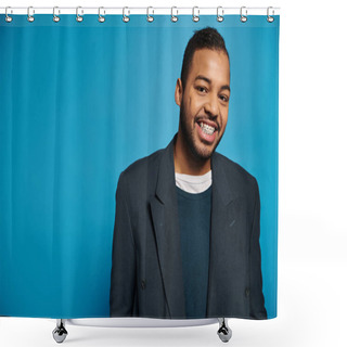 Personality  Handsome African American Young Guy In Dark Blue Outfit Smiling To Camera On Vibrant Background Shower Curtains