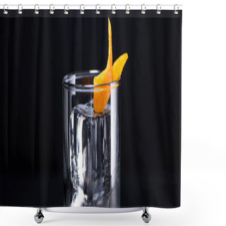 Personality  Transparent Glass With Ice Cube And Vodka Garnished With Orange Peel Isolated On Black, Panoramic Shot Shower Curtains