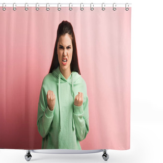 Personality  Angry Girl Showing Clenched Fists While Looking At Camera On Pink Background Shower Curtains