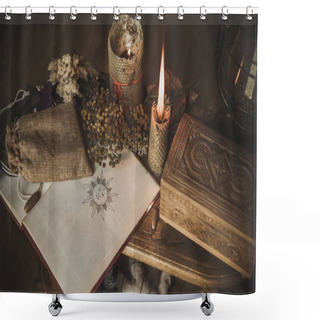 Personality  Magical Attribute On A Table, Witchcraft Concept, Candle Fire, Spells And Other Rituals Shower Curtains