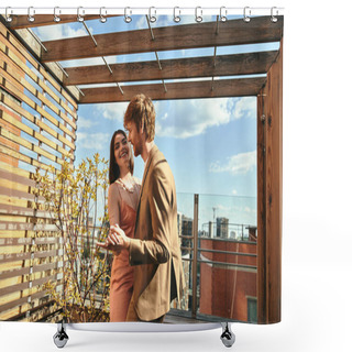 Personality  A Man And A Woman Standing On The Edge Of A Rooftop, Gazing Out At The City Skyline Below Them Shower Curtains