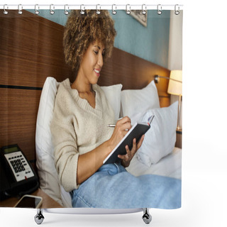 Personality  Curly-haired And Happy African American Woman Smiling And Taking Notes In Notebook, Hotel Room Shower Curtains