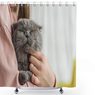 Personality  Cropped Shot Of Woman Carrying Adorable Scottish Fold Cat Shower Curtains
