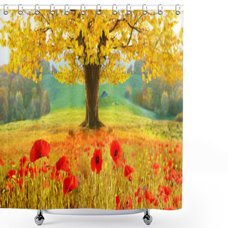 Personality  Beautiful Autumn Landscape With A Lonely Tree And Poppies (medit Shower Curtains