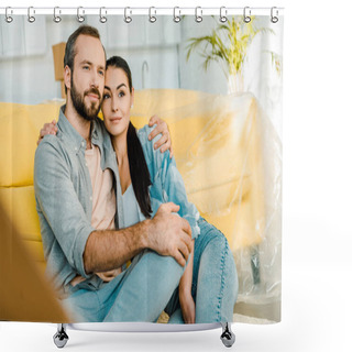 Personality  Husband And Wife Sitting On Couch After Packing For New House, Moving Concept Shower Curtains