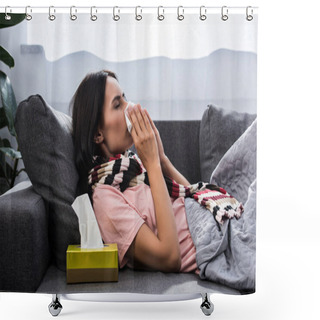 Personality  Diseased Young Woman Sneezing Into Paper Napkin On Sofa Shower Curtains