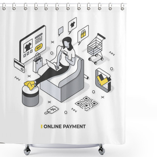 Personality  Online Payment Concept. Woman Shopping Online Holding Credit Card And Using Laptop While Relaxing At Home On A Couch. Vector Isometric Illustration Shower Curtains