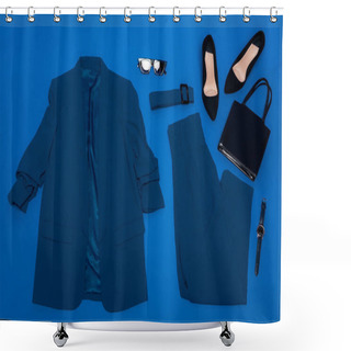 Personality  Top View Of Jacket, Trousers, Heels, Belt, Bag, Wristwatch And Sunglasses Isolated On Blue Shower Curtains