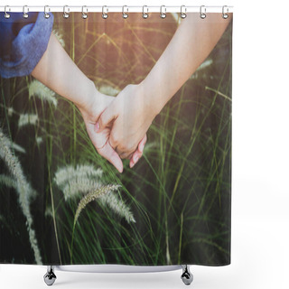 Personality  Young Romantic Lovers Holding Hands On Grass Flowers Field Shower Curtains