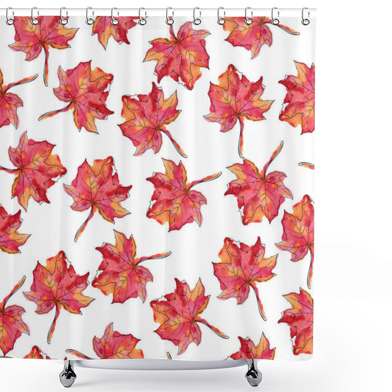 Personality  Seamless pattern with red fall maple leaves on white background. Hand drawn watercolor and ink illustration.  shower curtains