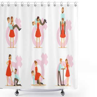 Personality  Females In Modern Society, Woman Exchanging Places With Man And Dominating Him Vector Illustration Set Isolated On White Background Shower Curtains