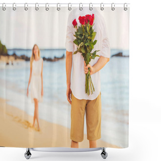Personality  Romantic Young Couple In Love, Man Holding Surprise Bouquet Of R Shower Curtains