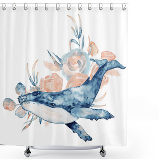 Personality  Watercolor Illustration Of Whale In Blue Color With Floral Composition Isolated On White Background Shower Curtains