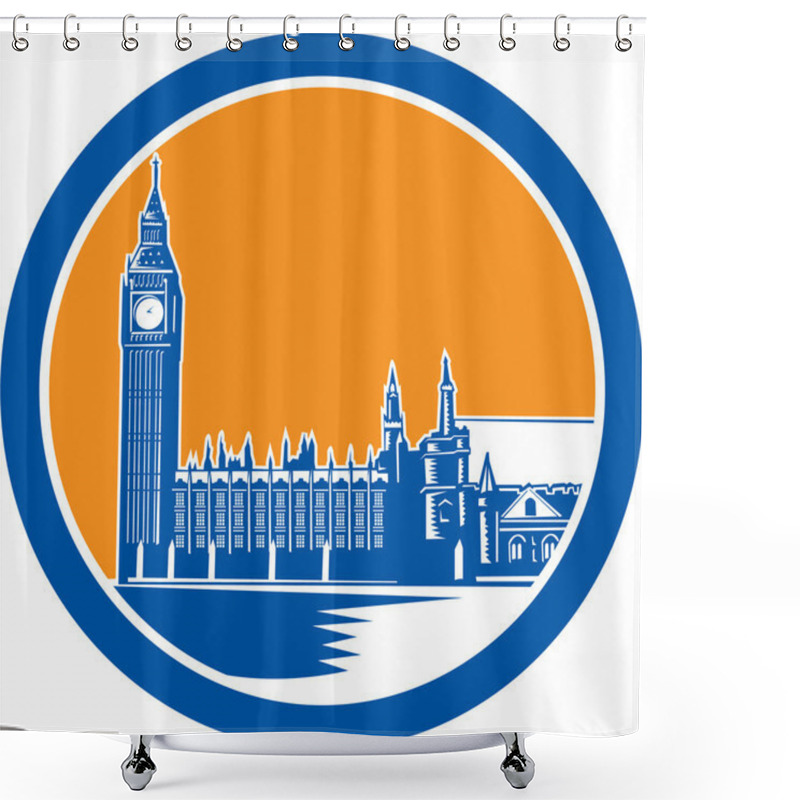 Personality  Big Ben Clock Tower Westminster Palace Woodcut Retro Shower Curtains