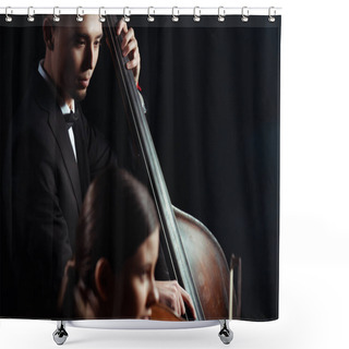 Personality  Professional Musicians Playing On Violin And Contrabass On Dark Stage  Shower Curtains
