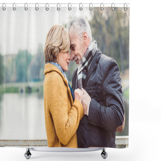 Personality  Beautiful Mature Couple Standing Near Lake Shower Curtains