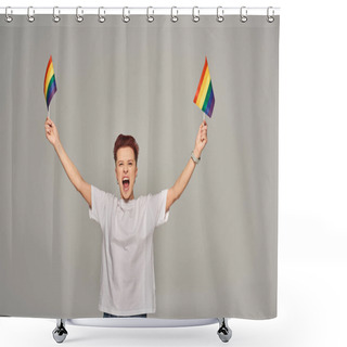 Personality  Excited Queer Person In White T-shirt Standing With Small LGBT Flag And Screaming On Grey Backdrop Shower Curtains