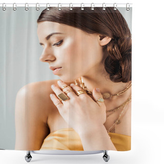 Personality  Young Woman With Shiny Makeup In Golden Necklaces And Rings Isolated On Grey Shower Curtains
