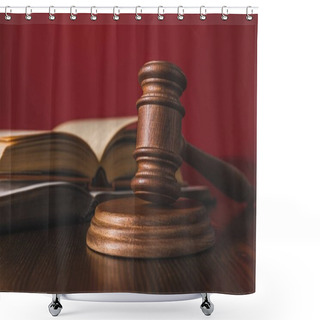 Personality  Opened Juridical Books With Hammer On Wooden Table, Law Concept Shower Curtains