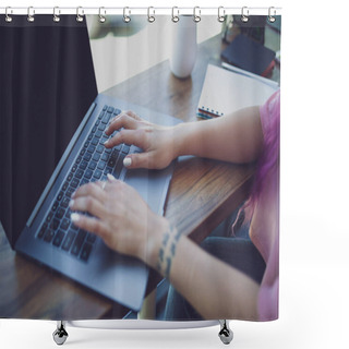 Personality  Back View Of A Young Pink Hair Woman Keyboarding On Laptop Compu Shower Curtains