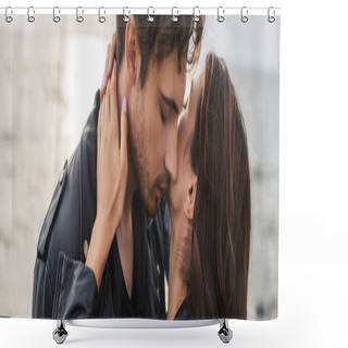 Personality  Horizontal Crop Of Woman Touching Neck Of Boyfriend Beside Sea Shower Curtains