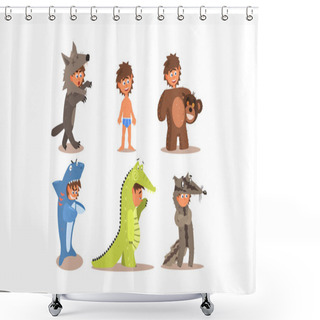 Personality  Boy In Different Masquerade Costumes Set, Wolf, Bear, Shark Fish, Crocodile, Raccoon, Vector Illustration Shower Curtains