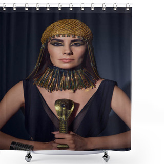 Personality  Portrait Of Woman In Egyptian Look And Headdress Holding Crook In Snake Shape On Blue Background Shower Curtains
