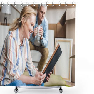 Personality  Smiling Elderly Woman Holding Photo Album While Relocating With Husband In New Apartment Shower Curtains